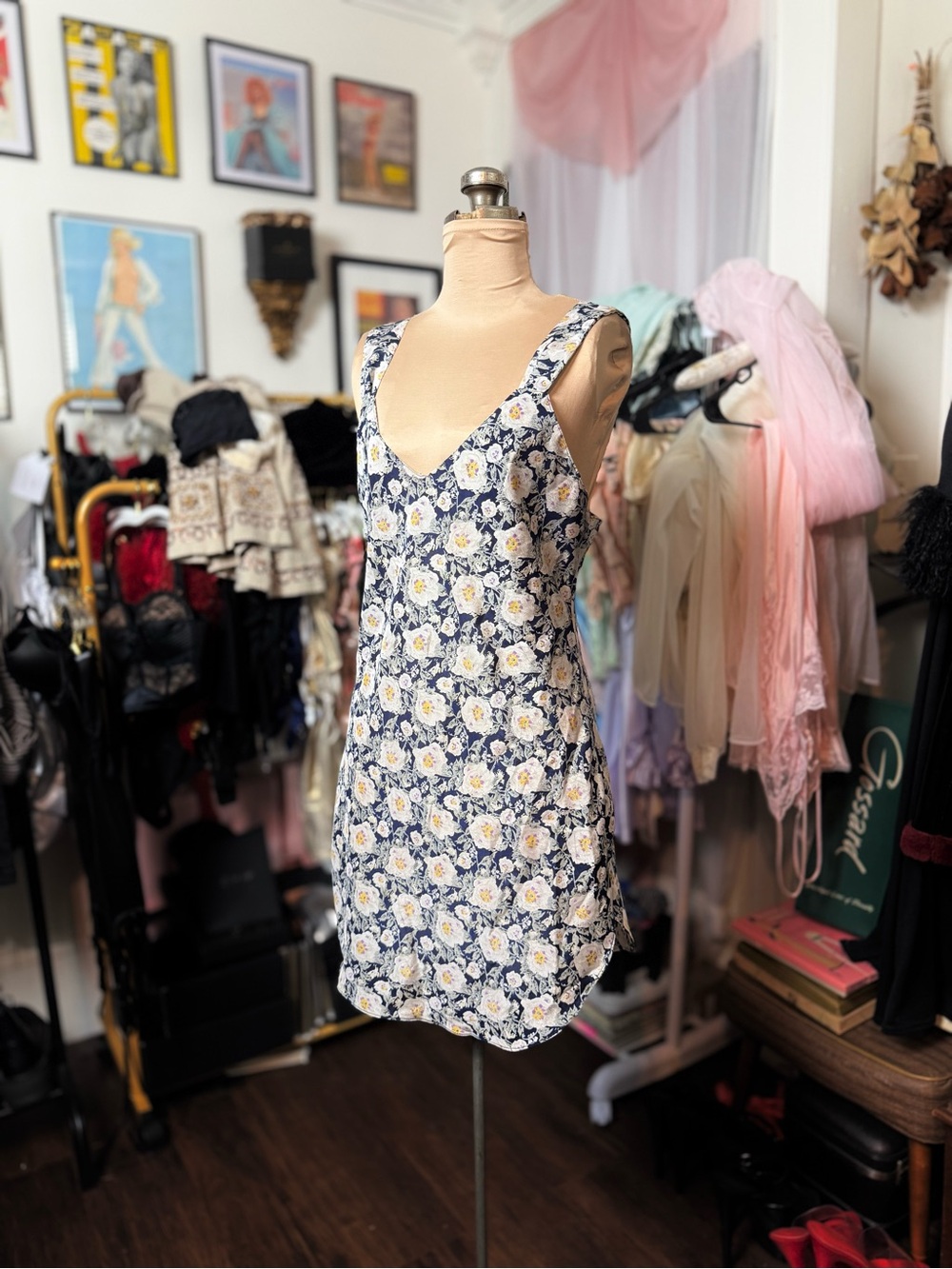 Vintage Y2K 2000’s Handmade Floral Blue and White Slip Dress Mini